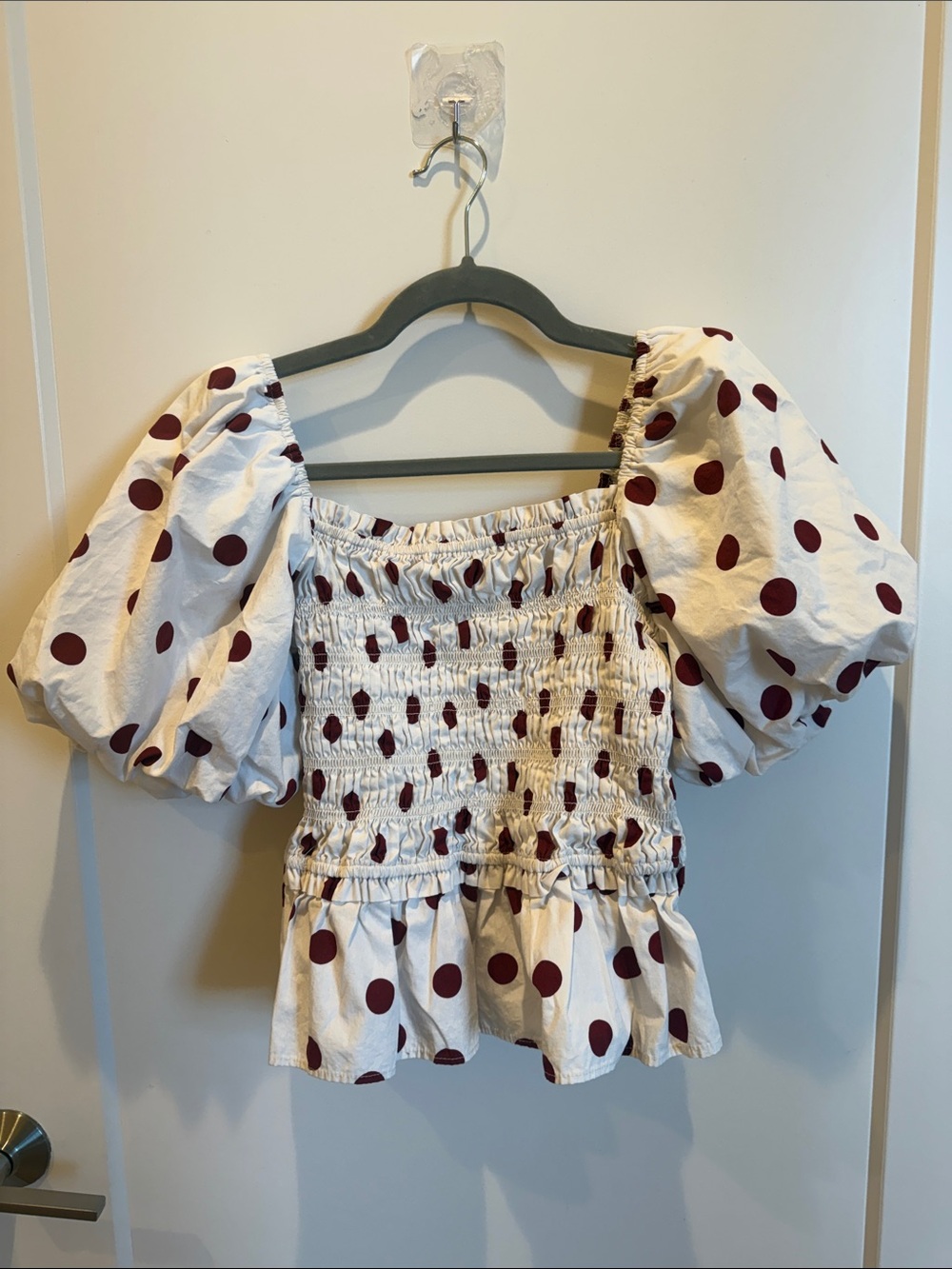 CeCe White Smocked Puff Sleeve Top with Burgundy Polka Dots